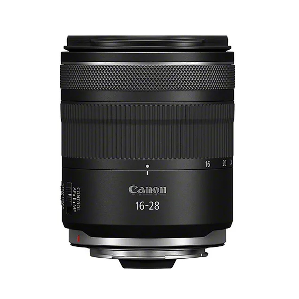 Canon RF 16-28mm f/2.8 IS STM -objektiivi näkyy pystyssä valkoista taustaa vasten, jolloin zoomin merkinnät, ohjauskytkimet ja etupesässä oleva Canon-brändi korostuvat. 125€ alennus.