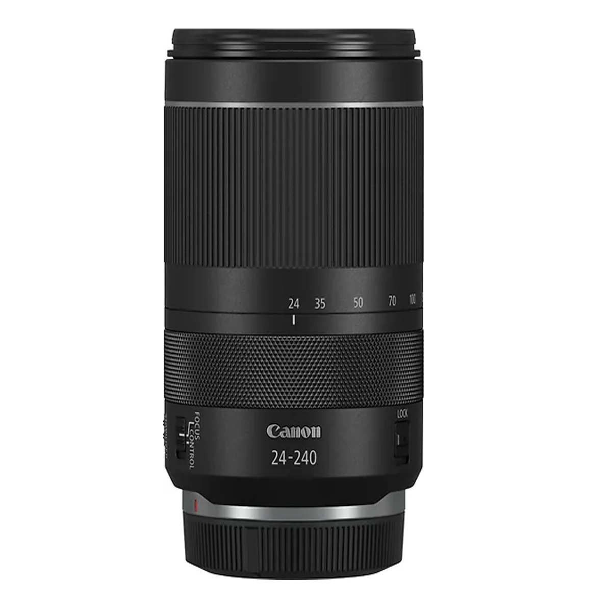 Canon RF 24-240mm f/4-6.3 IS USM -objektiivi seisoo pystyasennossa valkoisella taustalla, ja siinä näkyy zoomausrengas, jossa on polttovälin merkinnät ja kuvanvakautuskytkin.