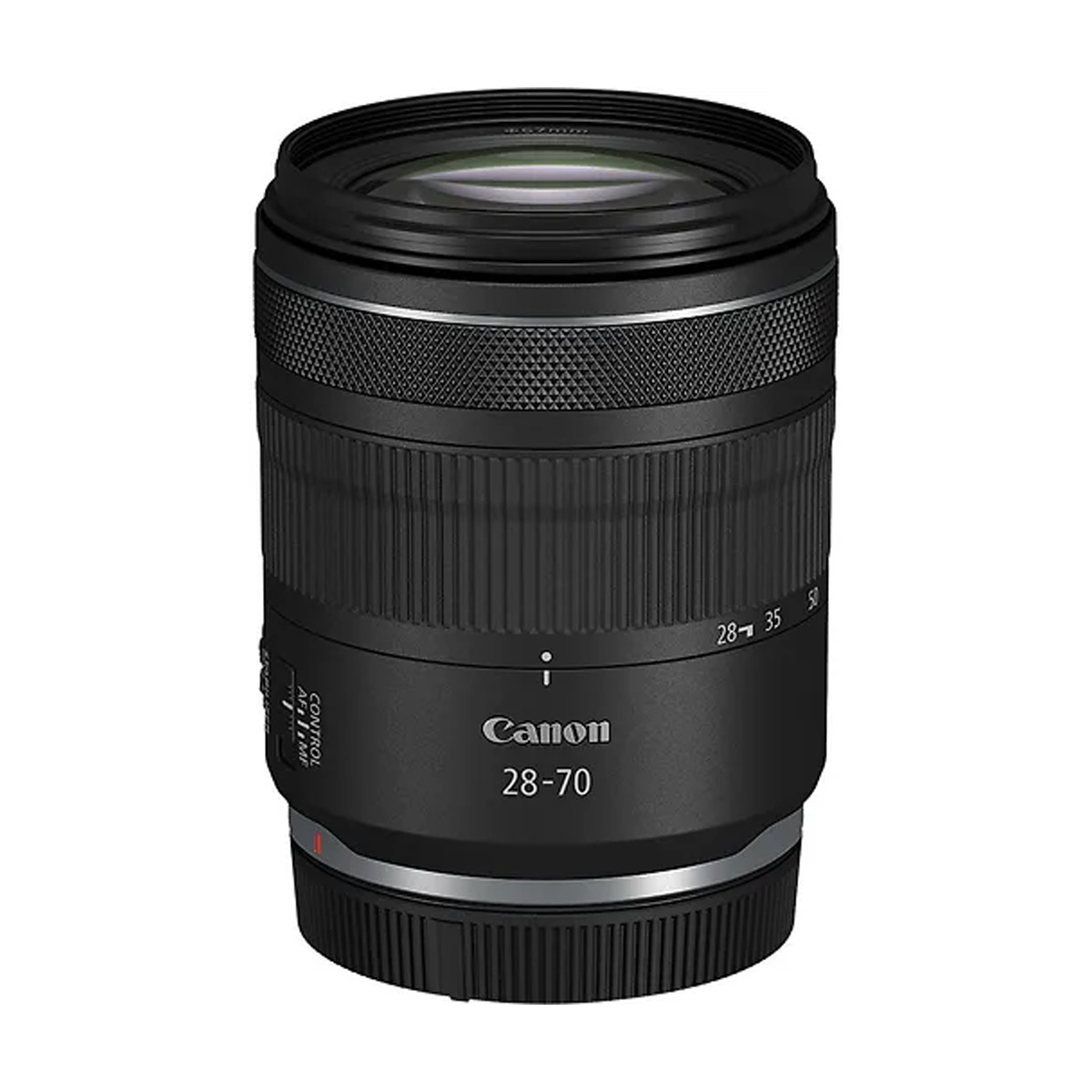 Canon RF 28-70mm f/2.8 IS STM -kameran objektiivissa on kuvioidut zoomaus- ja tarkennusrenkaat, valkoiset merkinnät ja tyylikäs musta sylinterimäinen runko valkoista taustaa vasten. 125€ alennus.