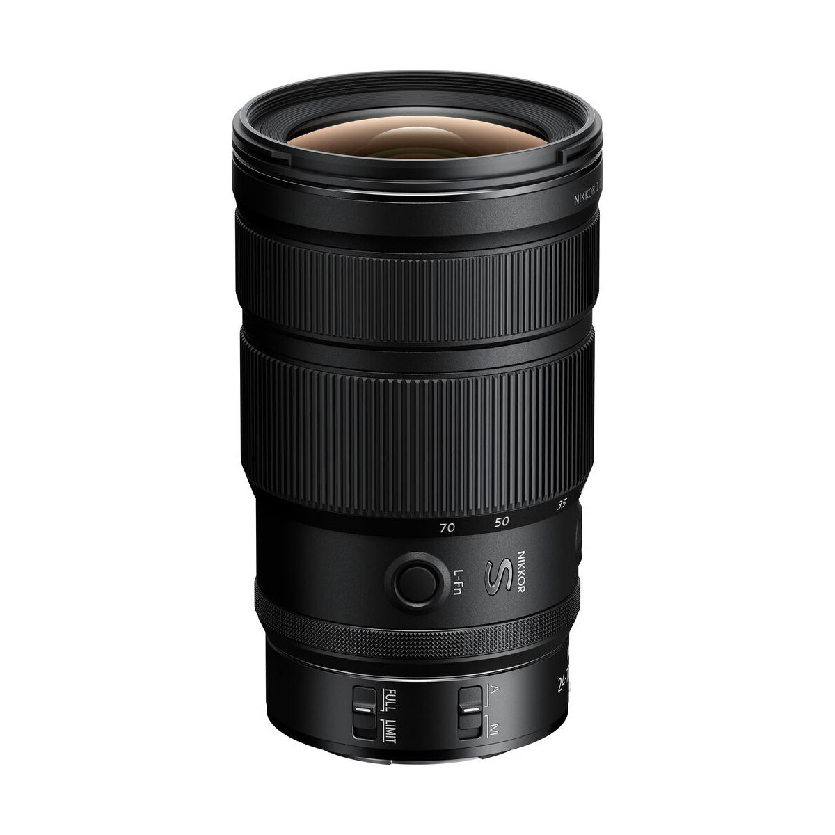 Nikon Nikkor Z 24-70mm f/2.8 S II -objektiivi on musta objektiivi, jossa on kuvioidut zoomaus- ja tarkennusrenkaat, polttovälit, AF/MF- ja VR-kytkimet sekä S-merkintä, ja se on kuvattu pystyasennossa valkoisella pohjalla.