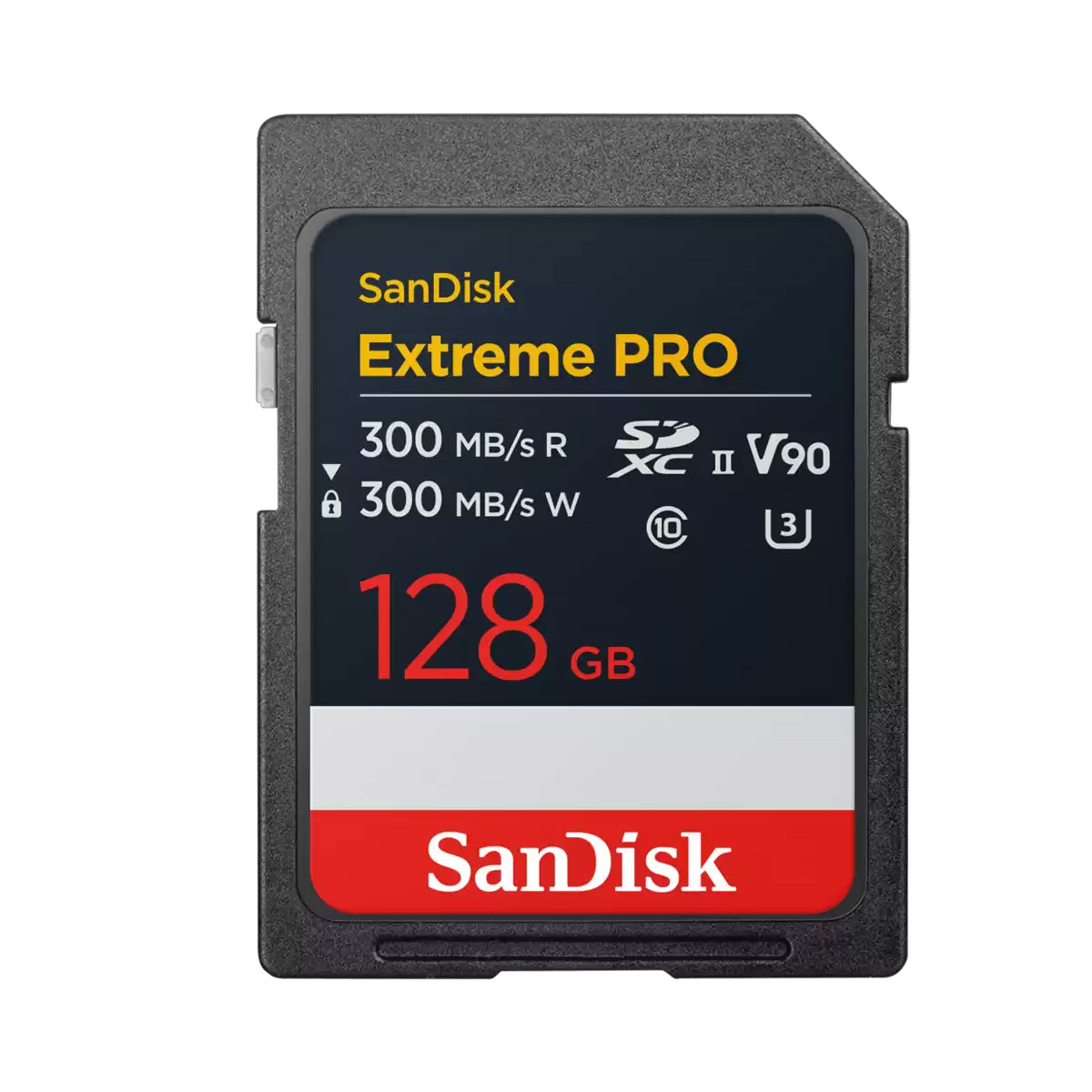 SanDisk Extreme PRO SD UHS-II 300MB/s (V90) 128GB -muistikortti sisältää V90-, UHS-II-, Class 10 ja U3-luokitukset jopa 300MB/s -nopeudella, ja se on musta ja punainen.