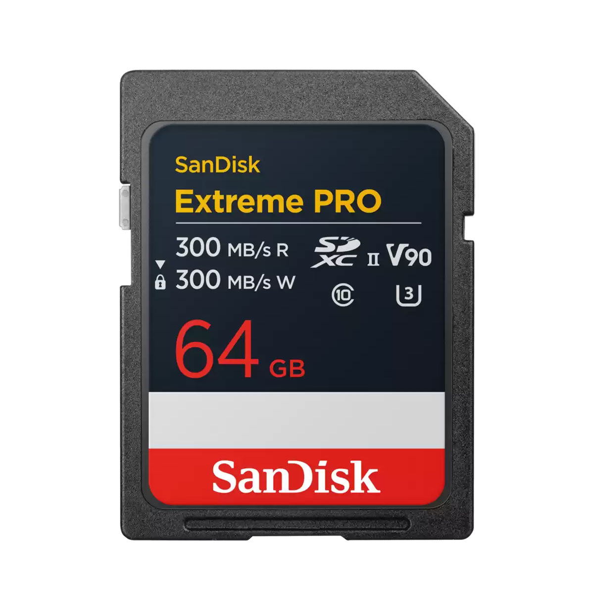 SanDisk Extreme PRO SD UHS-II 300MB/s (V90) 64GB muistikortti tarjoaa 64GB kapasiteettia, 300MB/s luku-/kirjoitusnopeuden ja tukee V90-, UHS-II-, U3- ja Class 10 -standardeja.