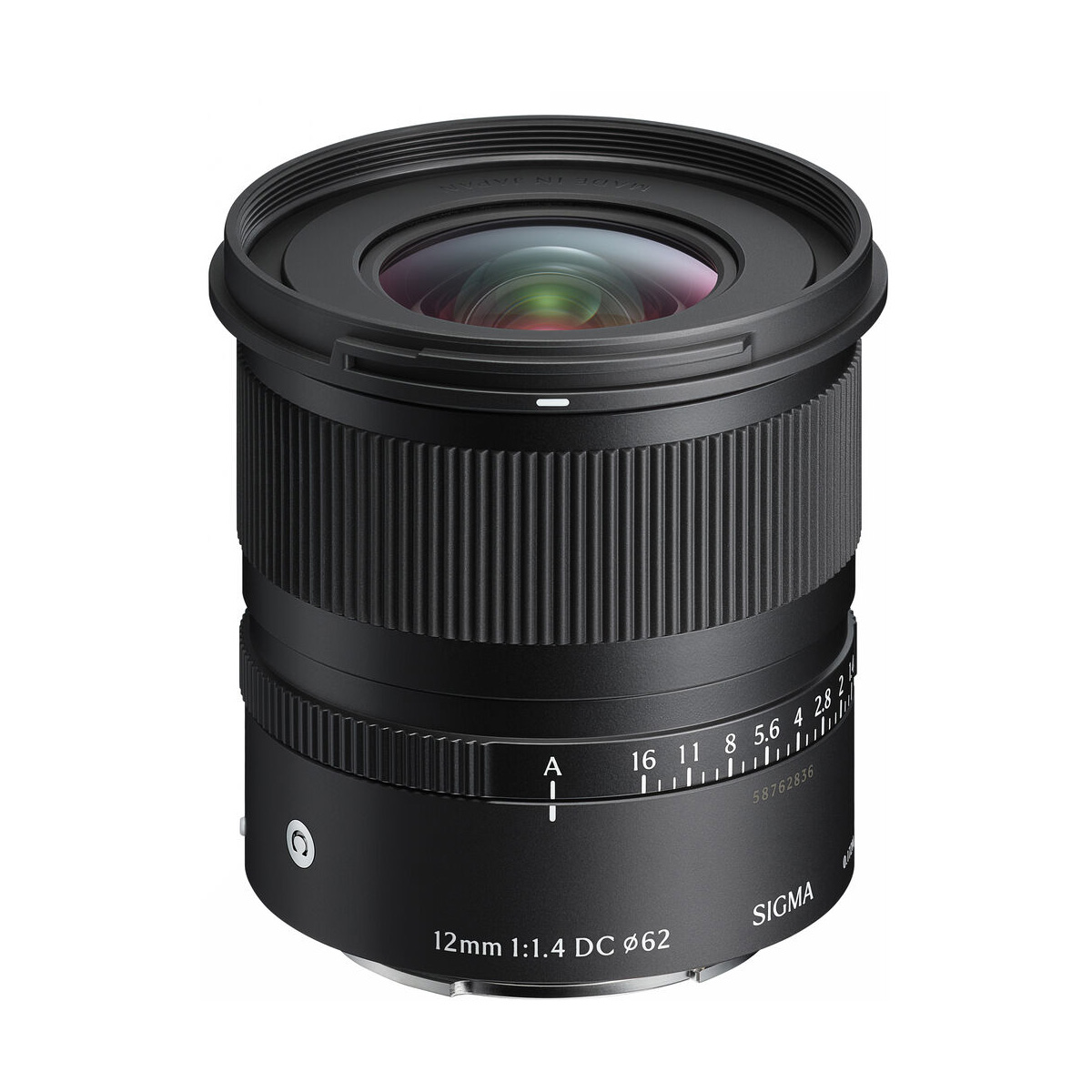 The Sigma 12mm f/1.4 DC Contemporary lens (Sony E), with its ribbed focus ring, aperture markings and black finish, stands upright against a white background.