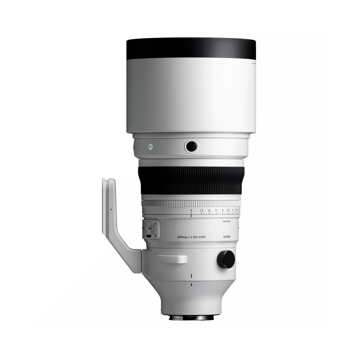 Large, white Sigma 200mm f/2 DG OS Sports lens for Sony E, with lens collar and mounting foot, upright against a white background.