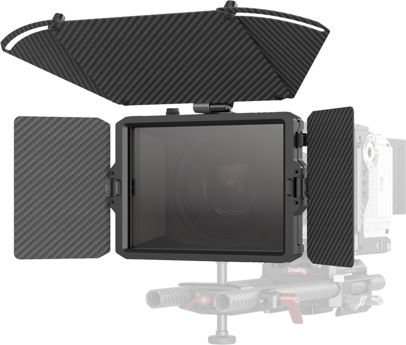 SmallRig 3680B Mini Matte Box Pro on kamerarigi, jossa on säädettävät hiilikuituiset sivu- ja yläliput, jotka estävät ei-toivotun valon pääsyn linssistä ja joka on asennettu kiskojärjestelmään.