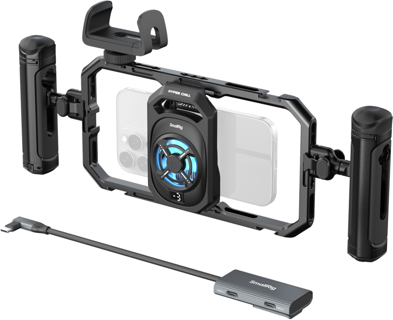 SmallRig 5276 All-in-One Thermal Live Streaming Filming Handheld Phone Cage Kit, kuvassa musta, jossa on kaksi kahvaa ja jäähdytystuuletin, pitää älypuhelimen; alla on sen USB-C-kaapeli ja kompakti elektroninen keskittimen portit.