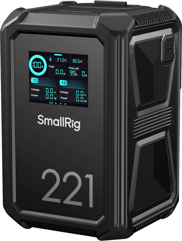 SmallRig 4985 X221 Smart Triple-Proof V-Mount -akku on musta, siinä on digitaalinen näyttö latausprosentista, lämpötilasta, jäljellä olevasta ajasta ja jännitteestä/tehosta, ja siinä on kestävä muotoilu ja kuvioidut sivut.