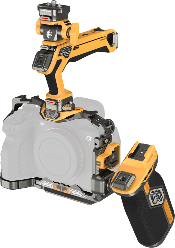 SmallRig 5518 HawkLock Quick Release Cage Kit - BumbleBee Edition, orange and black, with top handle, grip and body mount, shown mounted on a Sony Alpha camera body, which is partially transparent to highlight the kit.