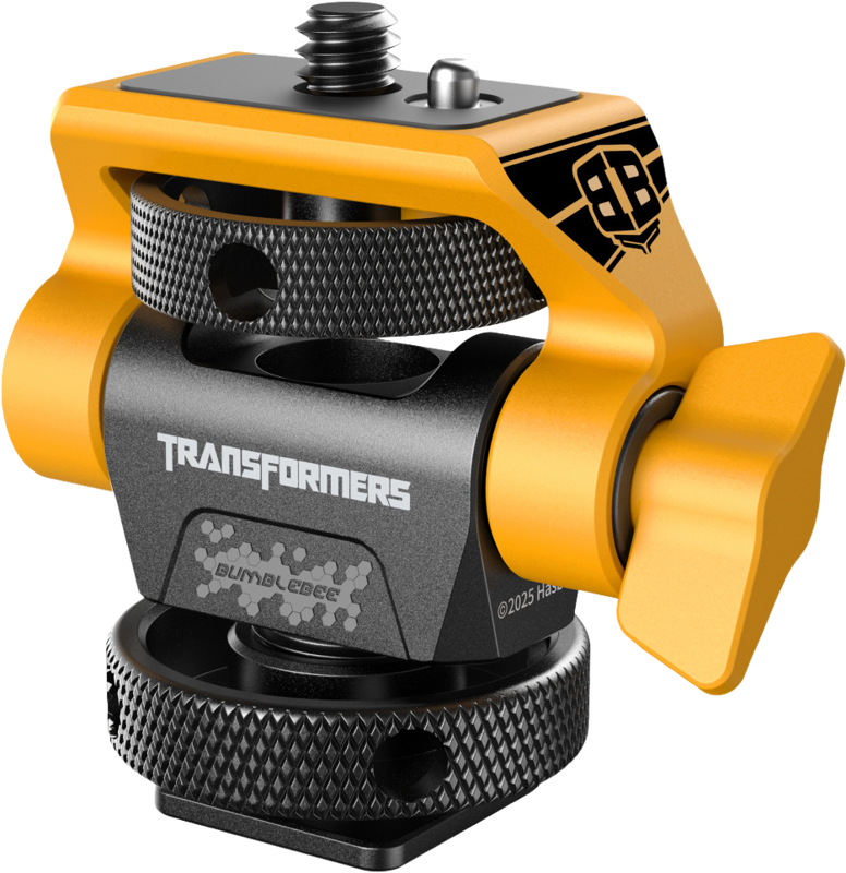 Lähikuva SmallRig 5519 Swivel & Tilt Monitor Support - BumbleBee Edition -telineestä, jossa on keltainen ja musta metallirakenne, TRANSFORMERS-tuotemerkki, kuvioidut säätönupit ja kompakti teollinen muotoilu.