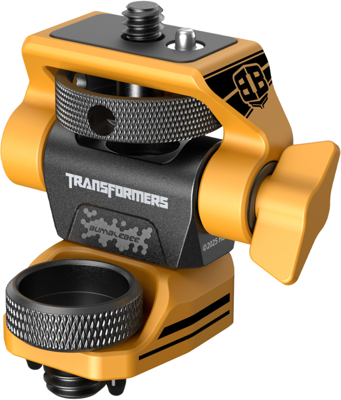 SmallRig 5520 Swivel & Tilt Monitor Support - BumbleBee Edition on keltaisesta ja mustasta metallista valmistettu kameran kiinnityspää, jossa on Transformers-logo, Bumblebee-brändi ja säädettävät nupit laitteiden sijoittelua varten.