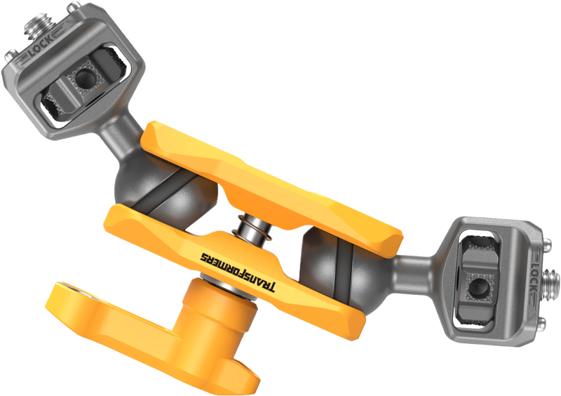 SmallRig 5522 Magic Arm Dual Ball Heads - BumbleBee Editionin lähikuvassa näkyvät sen metallinen rakenne, harmaat pallonivelet ja kirkkaan keltaiset kiinnikkeet, jotka on suunniteltu joustavaan asemointiin ja turvalliseen lukitukseen.