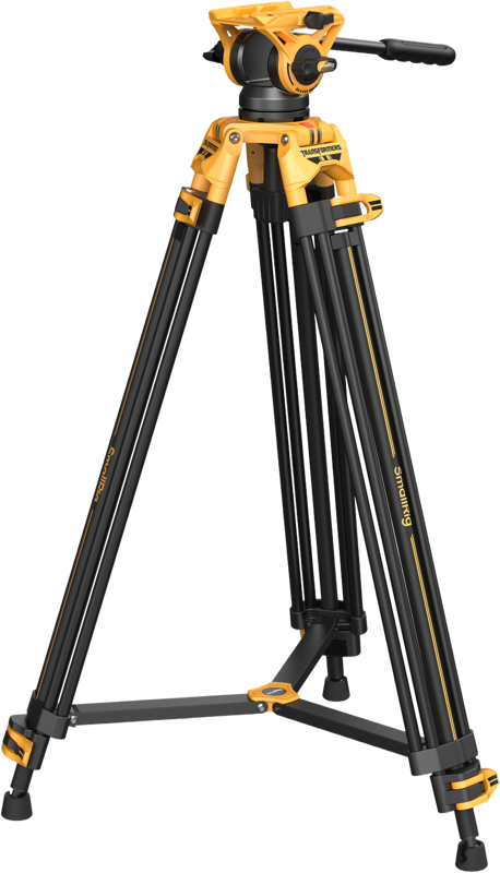 SmallRig 5523 AD-01 Heavy-Duty Fluid Head Tripod - BumbleBee Edition is a black and yellow professional tripod with adjustable feet, central support and a handle for smooth panning of the camera.