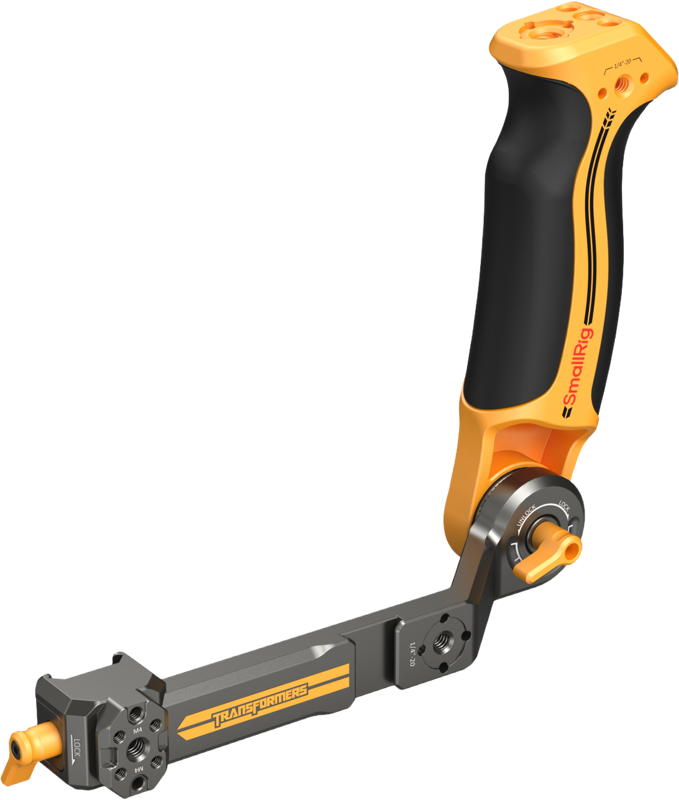 SmallRig 5524 Sling Handle DJI RS - BumbleBee Edition on musta ja oranssi ergonominen kamerarigin lisävaruste, jossa on säädettävät nivelet, litteä kiinnitys, jossa on Transformers-merkintä ja SmallRig-brändi.