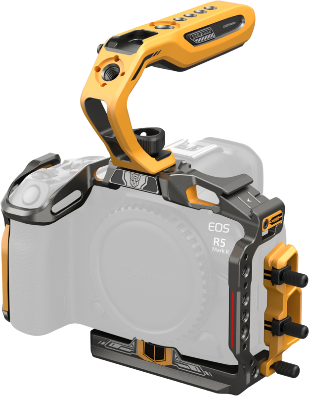SmallRig 5608 Black Mamba Frame Set Canon EOS R5 Mark II - BumbleBee Edition is a yellow and black cage with a top handle, mounted on a partially transparent R5 Mark II to reveal its buttons and mounting points.