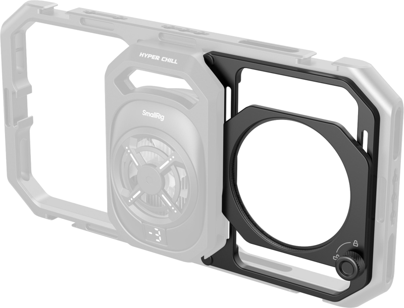 Lähikuva SmallRig 5277 67mm kierteinen suodatinadapteri irrotettavilla varjostimilla älypuhelinkehykseen kiinnitetystä modulaarisesta kameralaitteesta, jossa on näkyvä pyöreä kiinnitys ja säätönuppi, puoliksi läpinäkyvässä harmaassa kehyksessä.