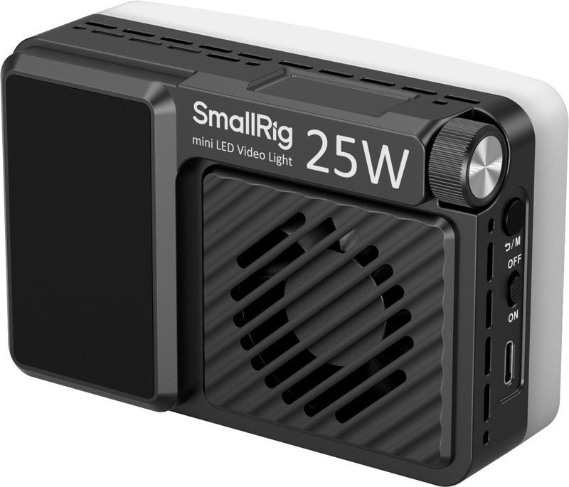 SmallRig 5357 RM-25C mini LED Video Light, 25W, black, includes vented front panel, side controls, power switch and USB-C charging port.