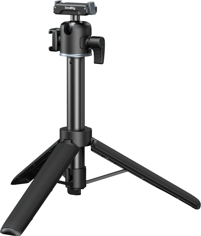 SmallRig 5435 Grip-tripod action-kameroille on musta kannettava kameran kolmella kokoontaitettavalla jalalla ja säädettävällä keskipylväällä varustettu kolmijalkainen jalusta, joka on kuvassa valkoisella pohjalla.