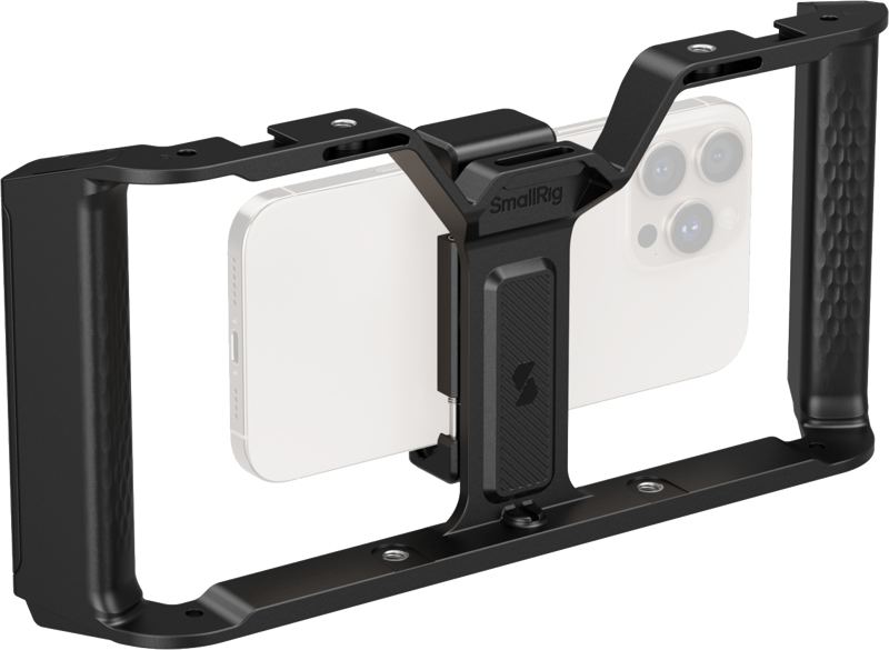 SmallRig 5355 IG-01 IntegraGrip Cage - puhelinkehikko on mustasta metallista valmistettu älypuhelimen videoteline, jossa on kaksi kahvaa ja joka pitää valkoista älypuhelinta turvallisesti vaakasuorassa kuvaamista tai valokuvaamista varten.