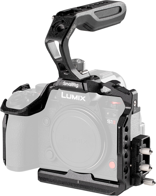 The SmallRig 5503 Black Mamba Cage Kit mounts to the Panasonic S1R II / S1 II / S1 IIE and provides mounting points for accessories and a better grip.