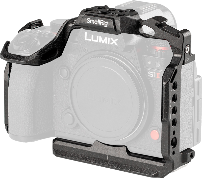 The SmallRig 5502 Black Mamba frame is mounted on the Panasonic Lumix S1II camera body, providing extra grip and accessory mounting points. The camera body is pictured without the lens.