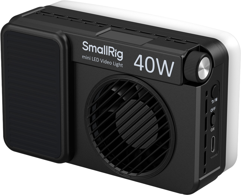The SmallRig 5359 RM 40C Mini LED Video Light is a compact black 40W fixture for video production with a vent, control dial, power switch, labelled buttons and a textured panel on one side.