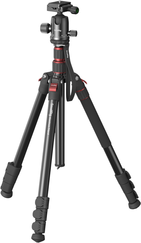 SmallRig 5629 Photographic tripod is a black and red camera tripod with adjustable legs, foam handles and a mounted ball head, shown on a white background.