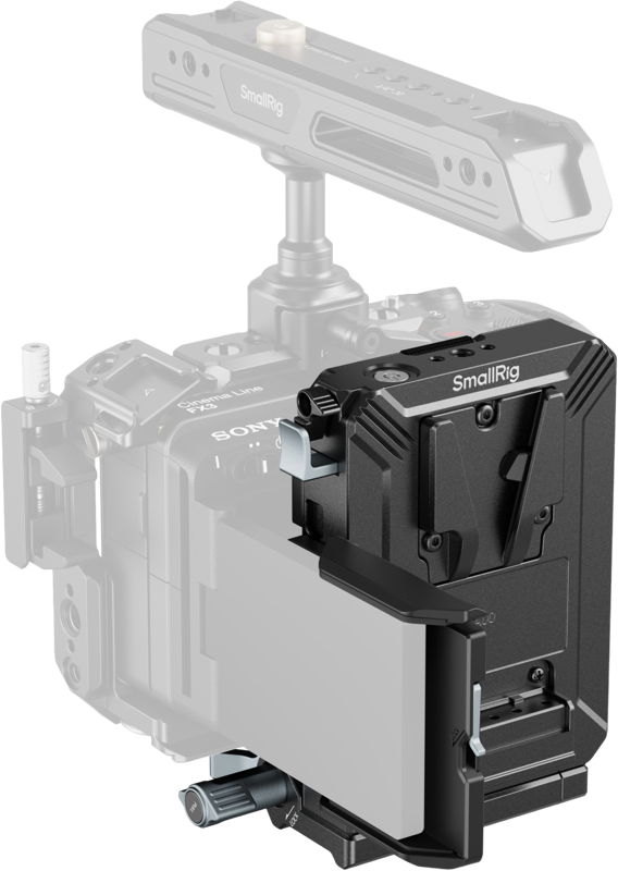 SmallRig 5227 V-Mount-akun kiinnityspaneelisarja on asennettu ammattikäyttöön tarkoitetun Sonyn kamerahäkin takaosaan, jossa akkulevy ja kiinnityslaitteisto ovat näkyvissä. Kamera ja kahva näkyvät harmaalla kontekstin vuoksi.
