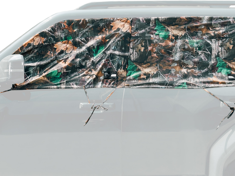 White SUV with front and rear side windows covered SmallRig 5499 Left-hand vehicle photography curtains (front & rear) that blend in with the outdoors. Car doors and handles remain visible.