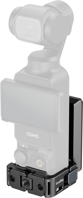Lähikuva SmallRig 5581 Mount Support for DJI Osmo Pocket 3 -kiinnitystuki, joka on kiinnitetty tukevasti kannettavan Osmo Pocket 3 -kameran jalustaan, jossa on suuri akkupaketti sivulla; kamera näkyy puoliksi läpinäkyvänä.