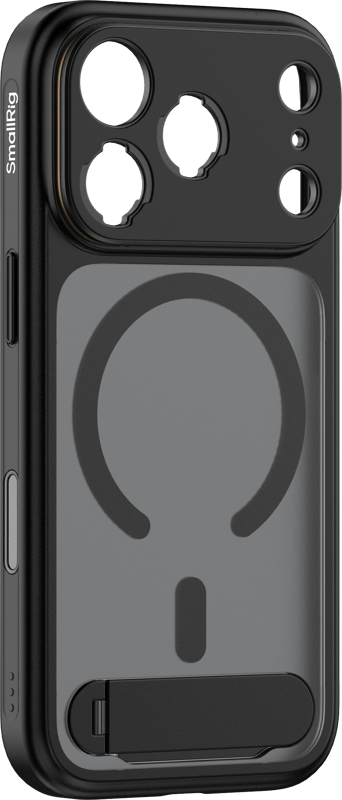 SmallRig 5549 FilMov Lightweight Photography Phone Case - iPhone 17 Pro (musta) -puhelinkotelossa on useita kamera- ja painikeaukkoja, pyöreä MagSafe-alue takana ja sisäänrakennettu jalusta pohjassa.
