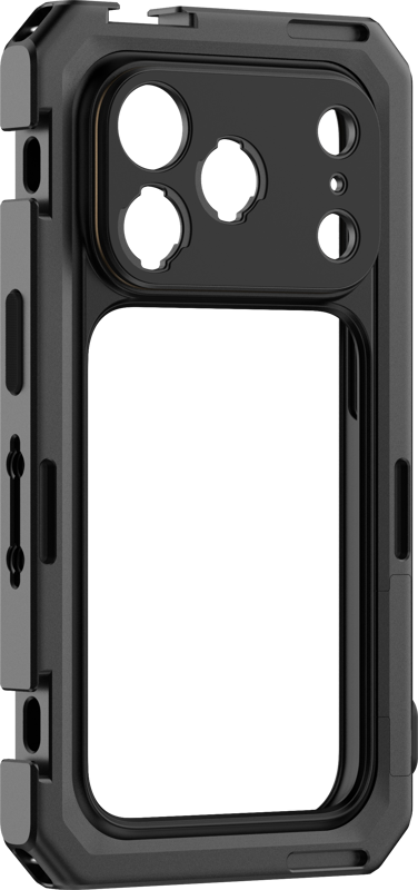 SmallRig 5545 Mobile Video Cage for iPhone 17 Pro Basic Edition -puhelinkotelo on vankka musta kotelo, jossa on vahvistetut kulmat, tarkat leikkaukset kameroille, painikkeille ja porteille, ja joka on kuvattu takaa vinosti, jotta sen paksu suojarakenne korostuu.