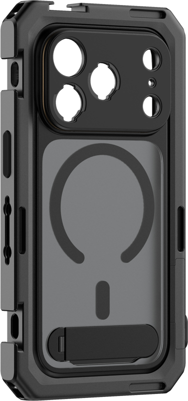 SmallRig 5543 Mobile Video Cage for iPhone 17 Pro Max Flagship Edition on kestävä musta kotelo, jossa on vahvistetut kulmat, MagSafe-yhteensopivuus, suuret kamera- ja porttileikkaukset sekä sisäänrakennettu potkulaite.