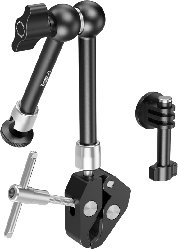 SmallRig 5605 Crab-Shaped Clamp with Magic Arm + Action Camera Mount is a black and silver adjustable clamp arm with clamp base and additional clamp, ideal for mounting cameras or accessories on a variety of surfaces.