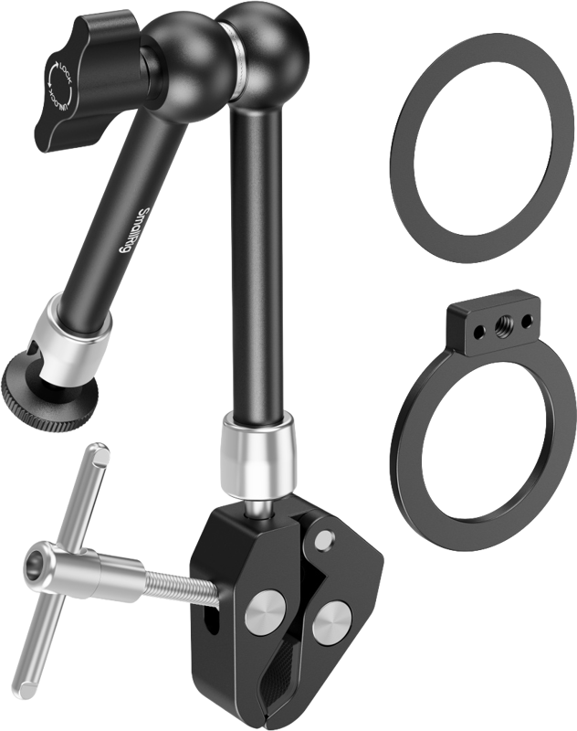 SmallRig 5604 MagSafe compatible crab clip mount: adjustable black metal mounting arm with tension knob and pivots, comes with two round rings and a small bracket for mounting equipment such as cameras or lights.