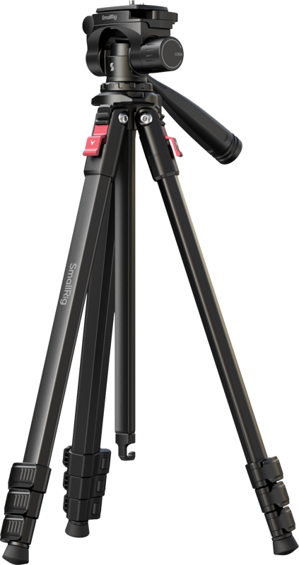 SmallRig 5474 Video Tripod -kolmijalka, musta, jossa on säädettävät jalat, punaiset lukitusmekanismit ja kahvallinen panorointi- ja kallistuspää; sivussa on SmallRig-tuotemerkki.