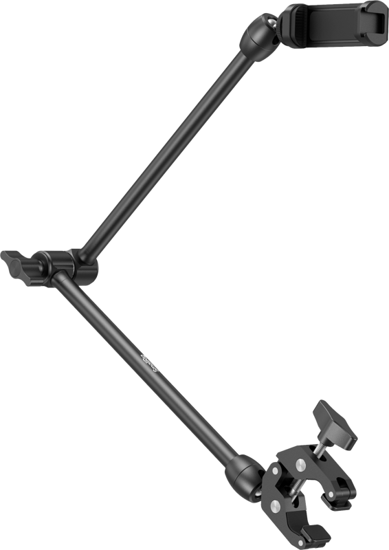 The SmallRig 5624 Desktop Magic Arm with Crab-Shaped Clamp Kit is a black adjustable arm with clamps at both ends for attaching to surfaces or holding devices such as cameras or phones, and multiple joints for flexible positioning.