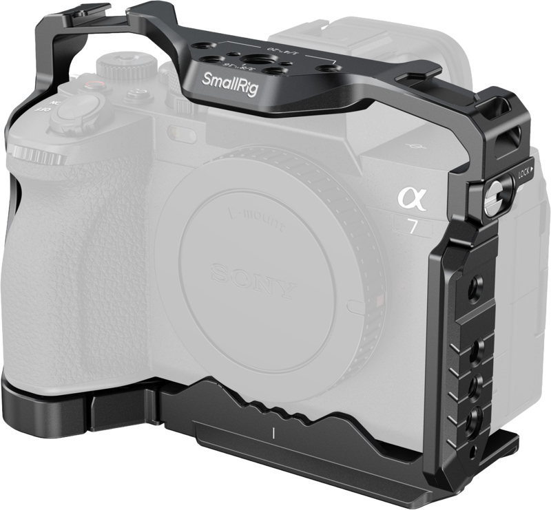 Sony Alpha 7 camera with black SmallRig 5583 Cage with AirTag opening, designed for Alpha 7R V/7 IV/7S III/1/7R IV with multiple mounting points and top handle. The camera body is visible, the lens is not attached.
