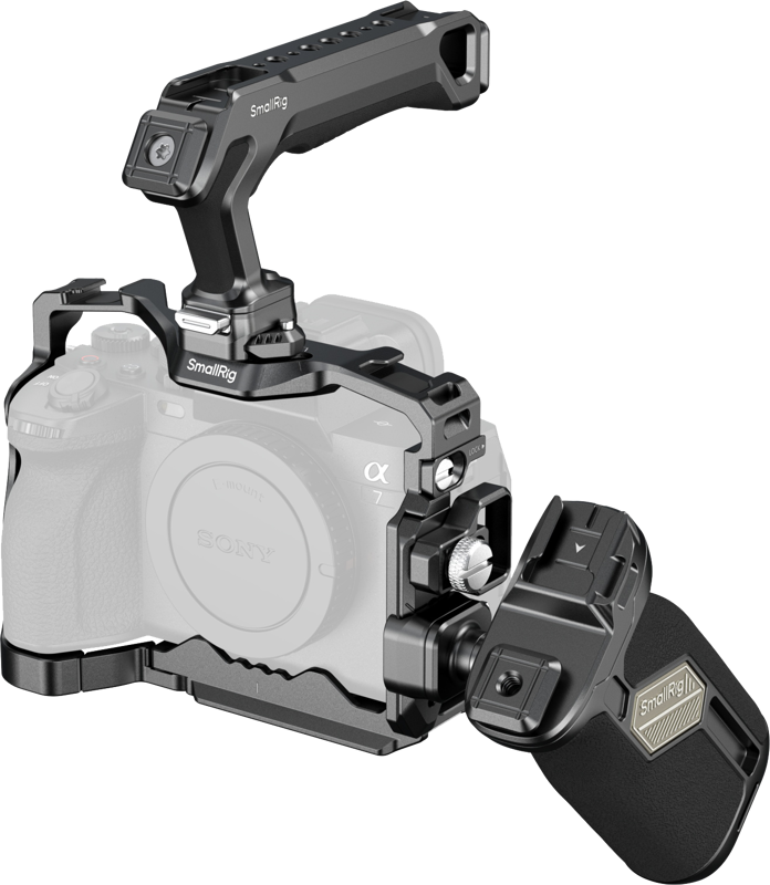 Pictured is the Sony Alpha Camera SmallRig 5599 HawkLock Quick Release Advanced Cage Kit - Sony Alpha 7R V / 7 IV / 7S III / 1 / 7R IV, featuring a cage, top handle and side handle for better support and mounting options.