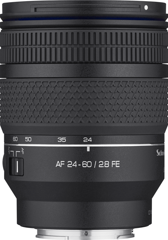 Close-up of Samyang AF 24-60mm F2.8 FE lens for Sony FE with textured grip, focal length markings from 24mm to 60mm and AF/MF switch.