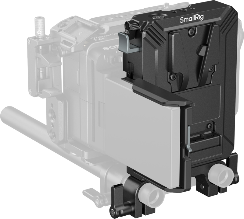 The black SmallRig 5226 V-Mount Battery Mounting Plate Set for 15mm LWS arms is mounted on the side of the camera cage to mount an external monitor, and the camera and rig components are visible in a lighter, semi-transparent shade.
