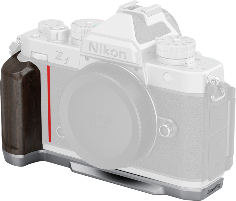 A Nikon Zf camera with a blurred body and lens, accented with a SmallRig 5707 L-shaped mounting plate and wooden grip (grip handle), attached as a wooden handle and metal base plate.