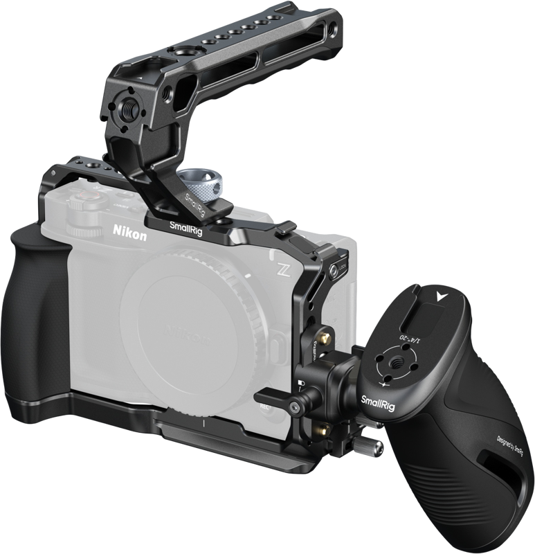 Nikon Z camera in transparent SmallRig Cage Kit for Nikon ZR (Advanced Edition) 5468 frame with top handle and side grip for improved video stability and control.