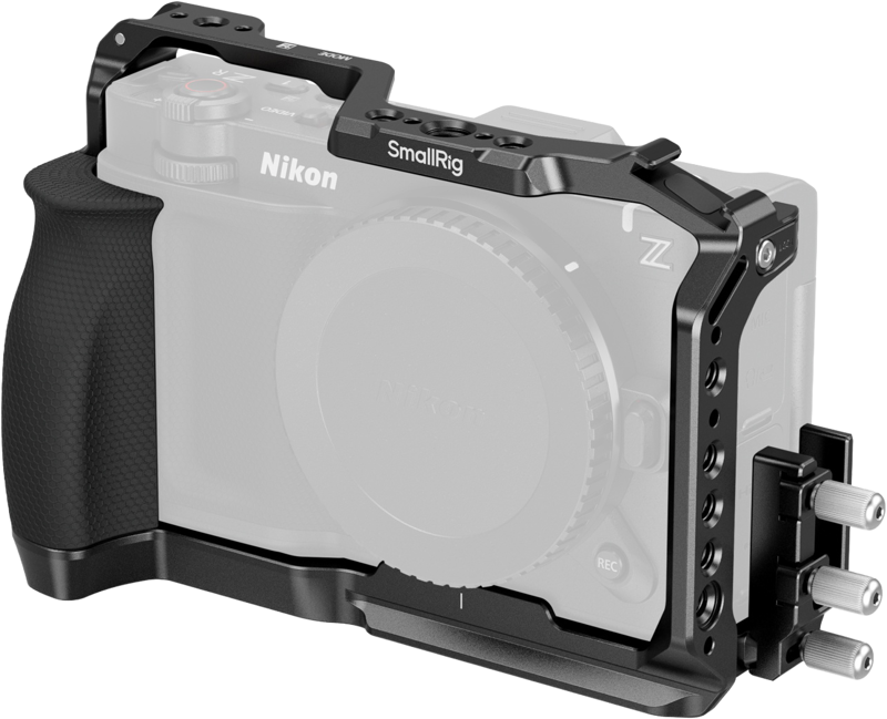 The black SmallRig 5467 Cage for Nikon ZR mounts on a grey Nikon Z-series camera body and offers improved grip, mounting options and accessory slots. Camera colour is shown for illustrative purposes only.