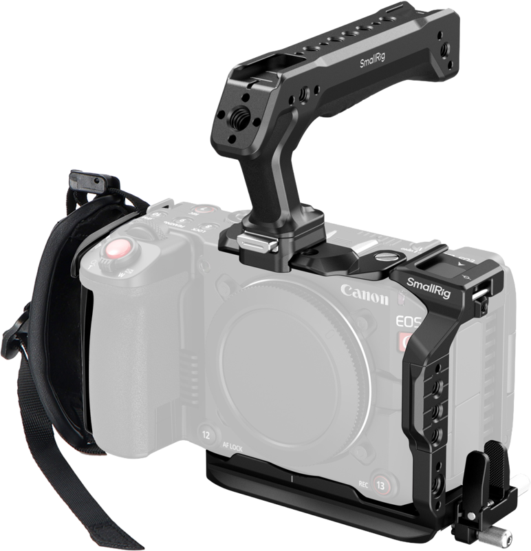 The SmallRig 5809 Cage Kit Canon EOS C50 frame, pictured in black with top handle and hand strap, fits the Canon EOS camera body illustration and provides a better grip and accessory mounting options.