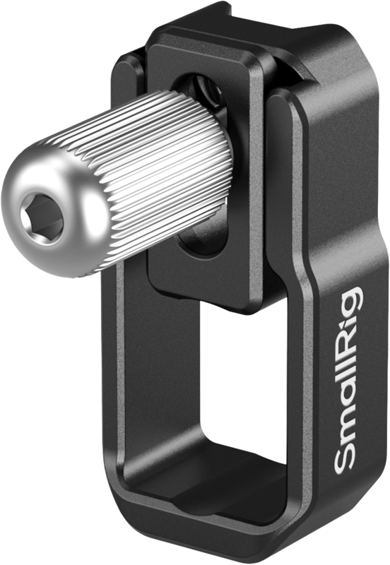 Close-up of the black metal SmallRig 5660 USB-C cable holder EOS C50 with silver screwdriver. The accessory is marked SmallRig and is intended for attaching a USB-C cable to the EOS C50.