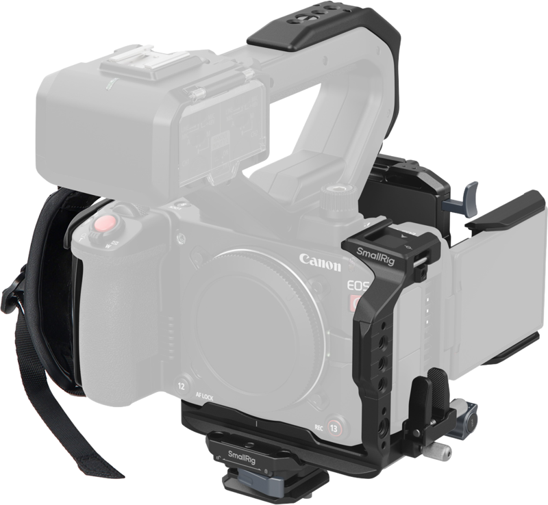 The Canon EOS camera is mounted on a black SmallRig 5658 Cage Kit for Canon EOS C50 Advanced Edition with multiple mounting points and adjustable side handle, on a white background.