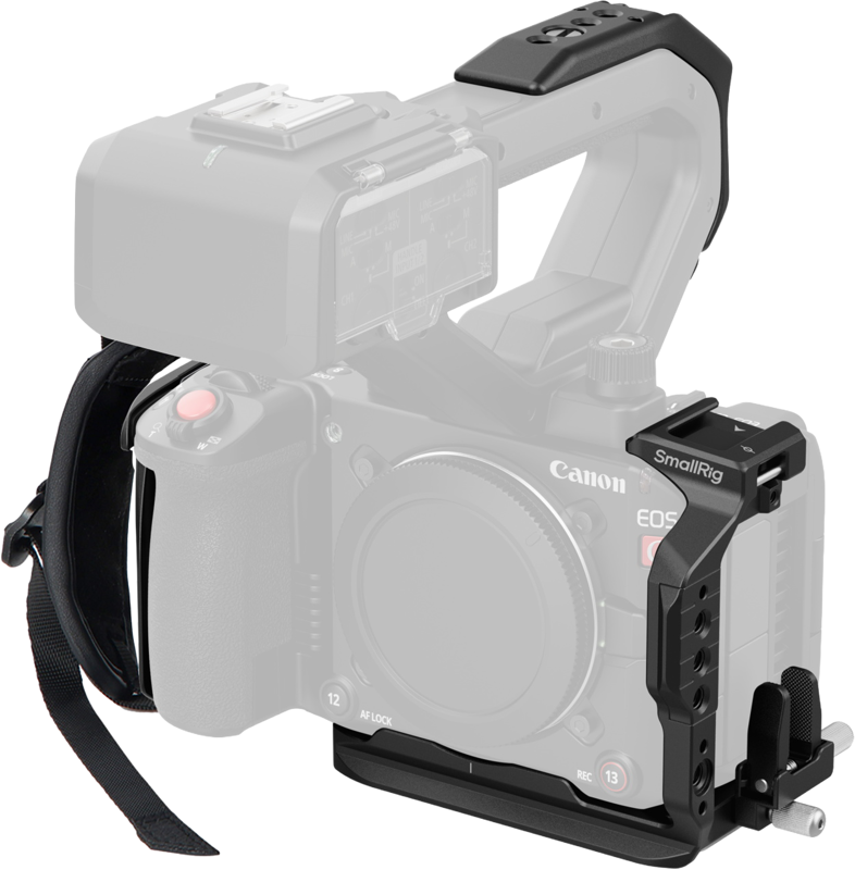 Close-up of a Canon EOS camera partially covered by the SmallRig 5657 Cage Kit for Canon EOS C50 with black cage and handle and left hand strap. The camera is faded to highlight the SmallRig accessories.