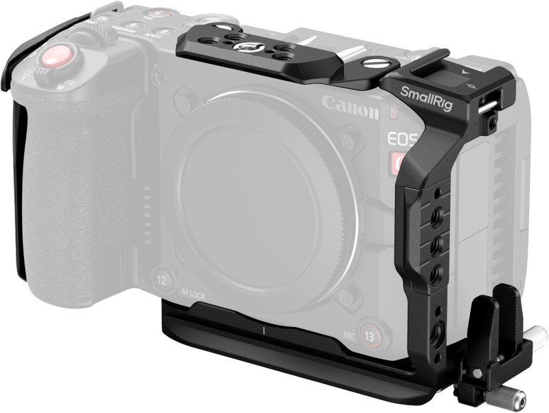 The black SmallRig 5656 Cage for Canon EOS C50 mounts onto the Canon EOS C50, providing additional mounting options and protection. The camera is shown semi-transparent to showcase the cage's design and fit.
