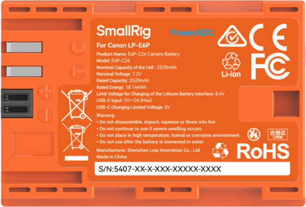 SmallRig 5407 USB-C -akku Canon LP-E6P (oranssi)