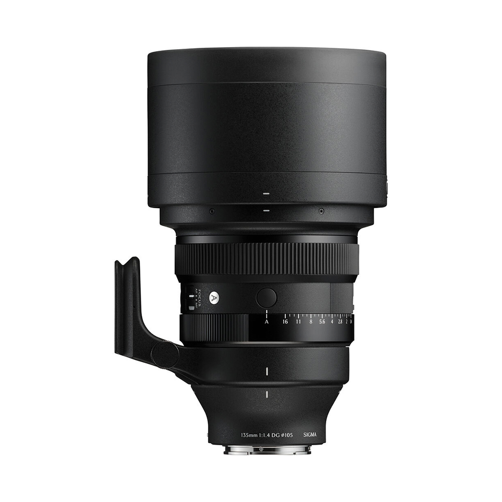 The Sigma 135mm f/1.4 DG Art lens for Sony E is photographed with a large hood, tripod mount ring, adjustment rings and 135mm f/1.4 DG DN against a white background.
